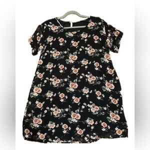 Pink Blush Short Black Chiffon V Neck Dress with Pink and Green Floral Motif